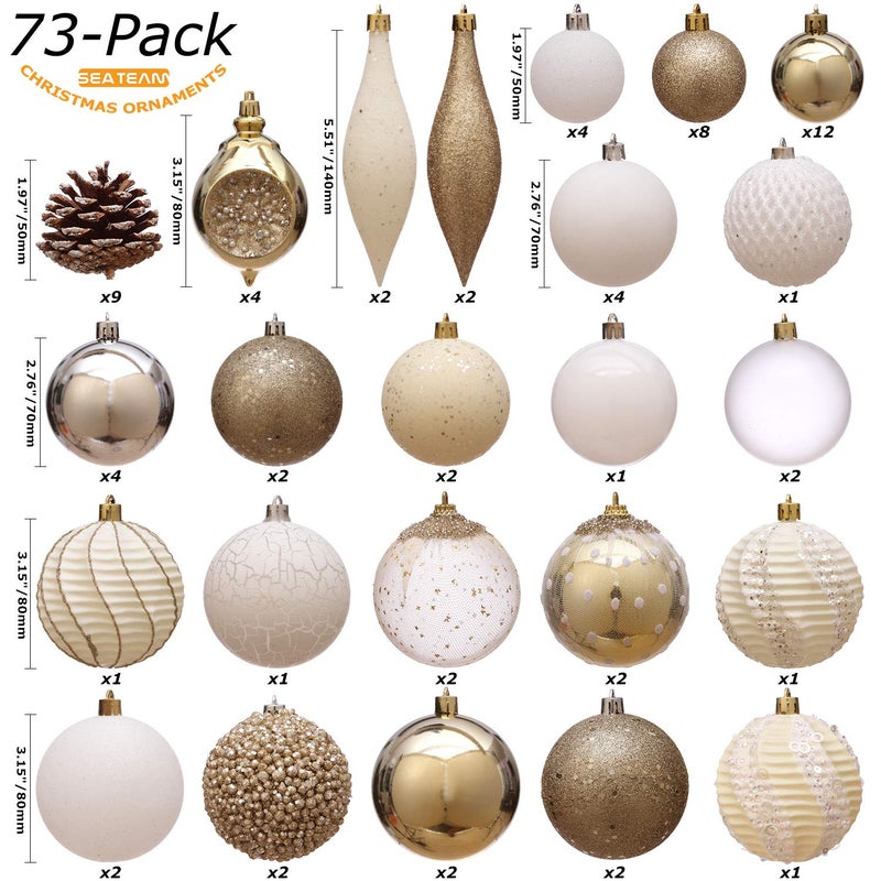 Sea Team 73-Pack Assorted Shatterproof Christmas Ball Ornaments Set Seasonal Decorative Hanging Ornament Set with Reusable Hand-held Gift Package for Holiday Xmas Tree Decorations, Gold - Image 3